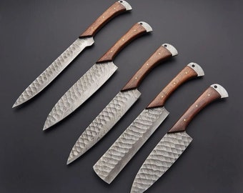 5 Pcs Damascus Steel Hand Forged Chef Set , Damascus Steel Kitchen Knives, Handmade Chef knife, Damascus Knives, Anniversary Gift For MEN