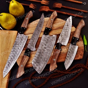Custom handmade Damascus Chef set , Damascus full tang Knife Set , Gift for him, gift for husband, BBQ knife set, Camping Gift, USA knives