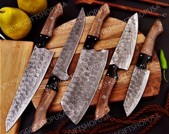 Custom handmade Damascus Chef set , Damascus full tang Knife Set , Gift for him, gift for husband, BBQ knife set, Camping Gift, USA knives