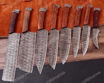 8 Pcs Hand Forged Damascus Steel Chef Set, Handmade Damascus Kitchen knives Set, BBQ Knife Set, Chef knives, Anniversary gift, Gift for Him