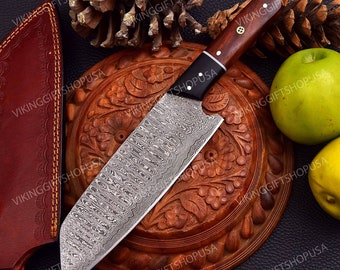 Damascus Steel Kitchen Chef Knife, handmade Damascus Knives, Kitchen Knives, Damascus Steel Blade, Personalized Gift for Men Anniversary USA