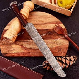 Custom handmade Damascus Steel Full Tang Bread Knife, Damascus Kitchen knife, Chef Knife, Anniversary & Birthday Gift for Men, Gift for Him image 3