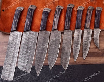 Hand Forged Damascus Steel 8 Pcs Chef Set, Damascus Steel Chef knife, Damascus Chef Set, Kitchen Knife, Birthday Gift, Gift for men USA