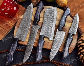 Custom Handmade Damascus Chef set, Damascus Full tang Knife set, Gift for him , Gift for Husband, BBQ knife set, Camping Gift, USA knives