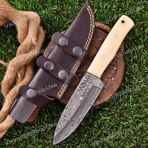Hand Forged Damascus Steel Hunting Knife, Camping Knife with Sheath , Handmade Knives, Damascus Knives, Gift for Boyfriend, Viking knife USA