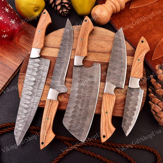 Custom Handmade Damascus Chef set, Damascus Full tang Knife set, Gift for him , Gift for Husband, BBQ knife set, Camping Gift, USA knives