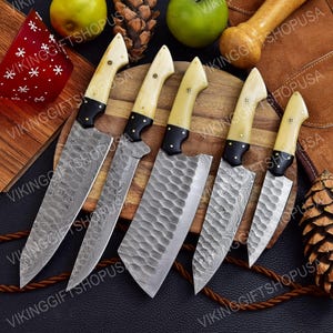5 Pcs Hand Forged Damascus Steel Chef Set, Damascus Chef Knife, Damascus Chef Set, Kitchen Knives, Outdoor Cooking Knives, Handmade Knives