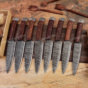Lot of 8 Pcs Damascus Steel Steak Knives, Chef Knives, BBQ Steak Knives, Chef Set, Damascus Chef Set, Anniversary & Birthday Gift for Men
