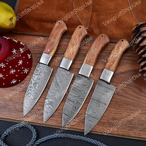 Set of 4 Custom Handmade Damascus Steel BBQ Steak Knife, Kitchen Knife, Chef Knife, Hand Forged Damascus Steel Steak Knife, Christmas Gift