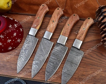 Set of 4 Custom Handmade Damascus Steel BBQ Steak Knife, Kitchen Knife, Chef Knife, Hand Forged Damascus Steel Steak Knife, Christmas Gift