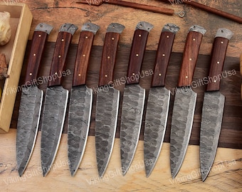 Damascus Steel Handmade Steak Knives Set, Lot of 8 Pcs Steak Knives, Hand Forged Knife, Chef Knife, Kitchen Knife, Birthday Anniversary Gift