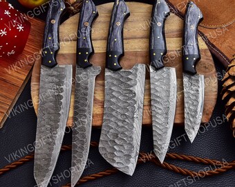 Custom Handmade Damascus Steel 5 Pcs Chef Set, Personalized Chef Set, Damascus Chef Set, Damascus Chef knife, Birthday Gift Set/Gift for Men