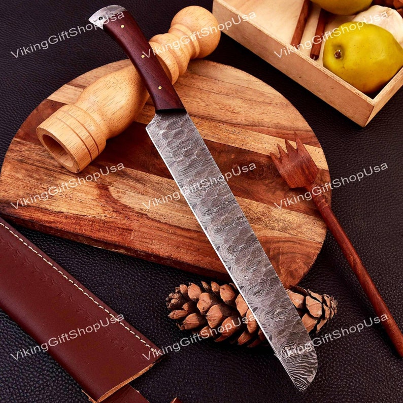 Custom handmade Damascus Steel Full Tang Bread Knife, Damascus Kitchen knife, Chef Knife, Anniversary & Birthday Gift for Men, Gift for Him image 2