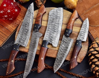 Hand Forged Damascus Chef Set, Handmade Kitchen knife, Damascus Chef knives, Cooking knife, Kitchen knives, Anniversary & Birthday gift USA