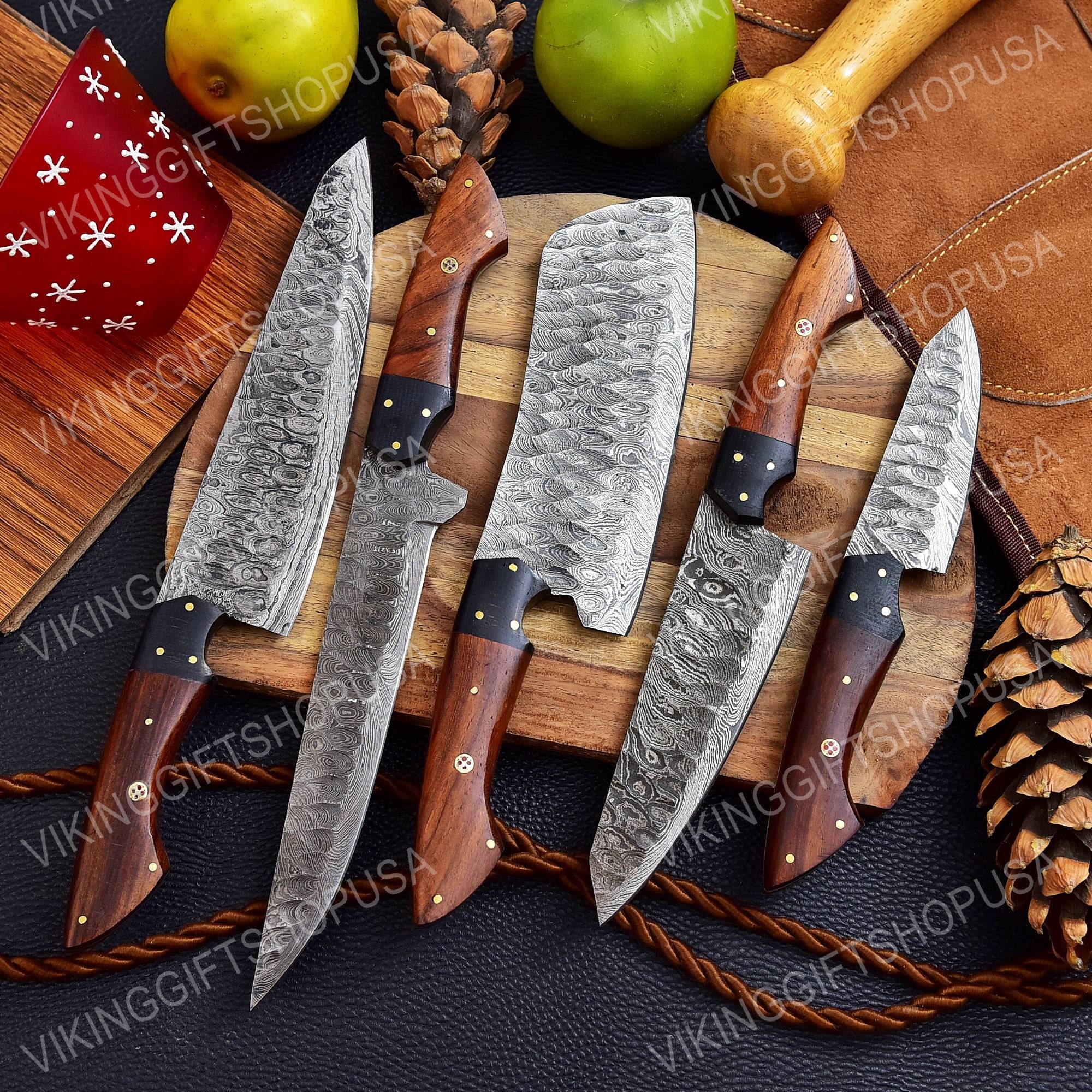 Handmade Damascus Chef Knife Set, of 5 Pcs Kitchen Knives, Mothers Day Gift  