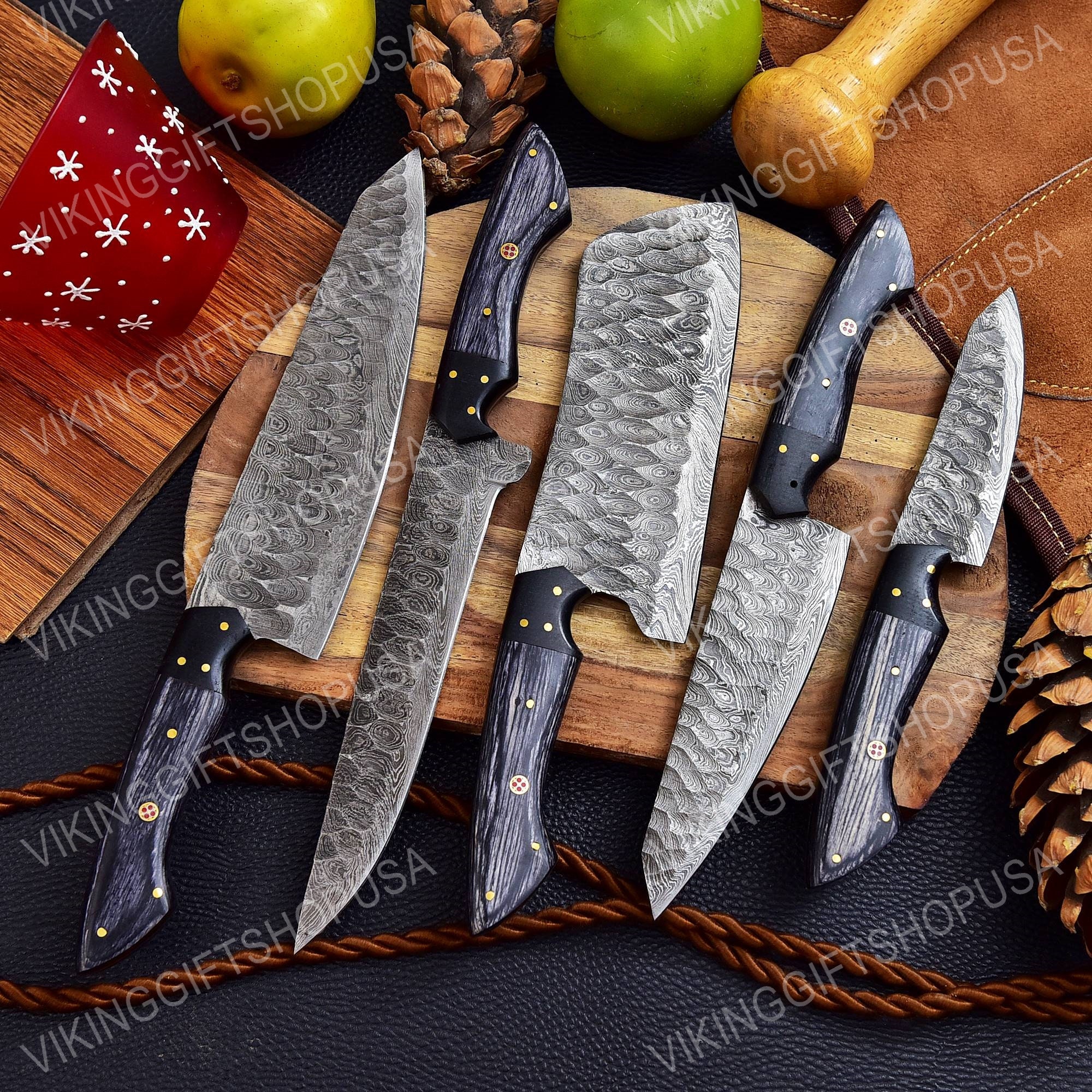 Hand Forged Damascus Chef Set, Handmade Kitchen Knife, Damascus Chef Knives,  Cooking Knife, Kitchen Knives, Anniversary & Birthday Gift USA 