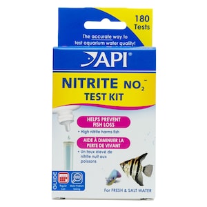 May include: A blue and yellow box with a white label that reads "API Nitrite NO2 Test Kit". The box contains 180 tests and is for fresh and salt water. The label also says "Helps Prevent Fish Loss" and "High Nitrite Harms Fish".