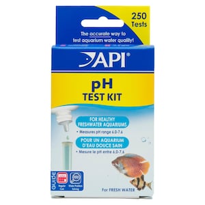 May include: API Freshwater Aquarium pH Test Kit with 250 tests. The box is blue and yellow with a fish illustration. The kit measures pH range 6.0-7.6.