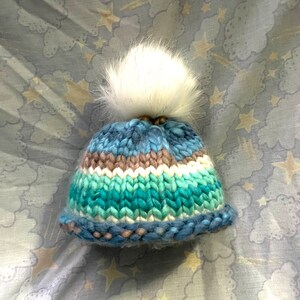 Handknit Multicolor Blue, Green, and Gray Double Layered Winter Hat for Baby/Child