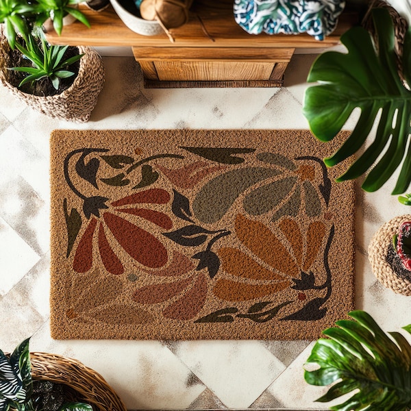 Abstract Boho Floral Doormat, Neutral Bohemian Entry Rug, Coir Welcome Mat