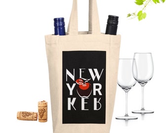 Wine Tote Bag Mother's Mom Gift, Wine Lover Picnic Tote, NYC Style Canvas Gift Bag, Double Wine Bottle Carrier, Gift for Her, New York mom