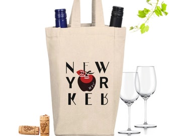 Wine Tote Bag Mother's Mom Gift, Wine Lover Picnic Tote, NYC Style Canvas Gift Bag, Double Wine Bottle Carrier, Gift for Her, New York mom