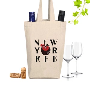 Wine Tote Bag Mother's Mom Gift, Wine Lover Picnic Tote, NYC Style Canvas Gift Bag, Double Wine Bottle Carrier, Gift for Her, New York mom image 1