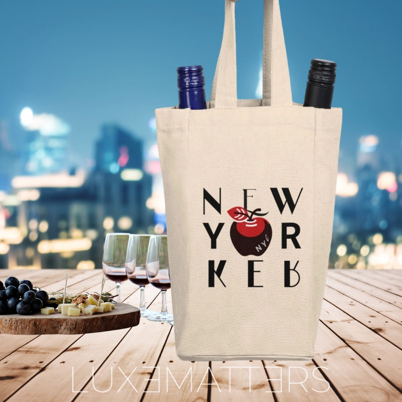 Wine Tote Bag Mother's Mom Gift, Wine Lover Picnic Tote, NYC Style Canvas Gift Bag, Double Wine Bottle Carrier, Gift for Her, New York mom image 2