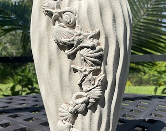 Unique Ceramic Neutral-Colored Coastal Vase with Hand-Molded Shells