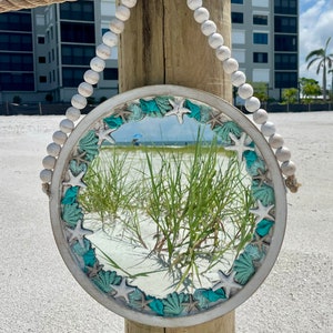 Small White Round Coastal/Beachy Mirror with Ocean Hues