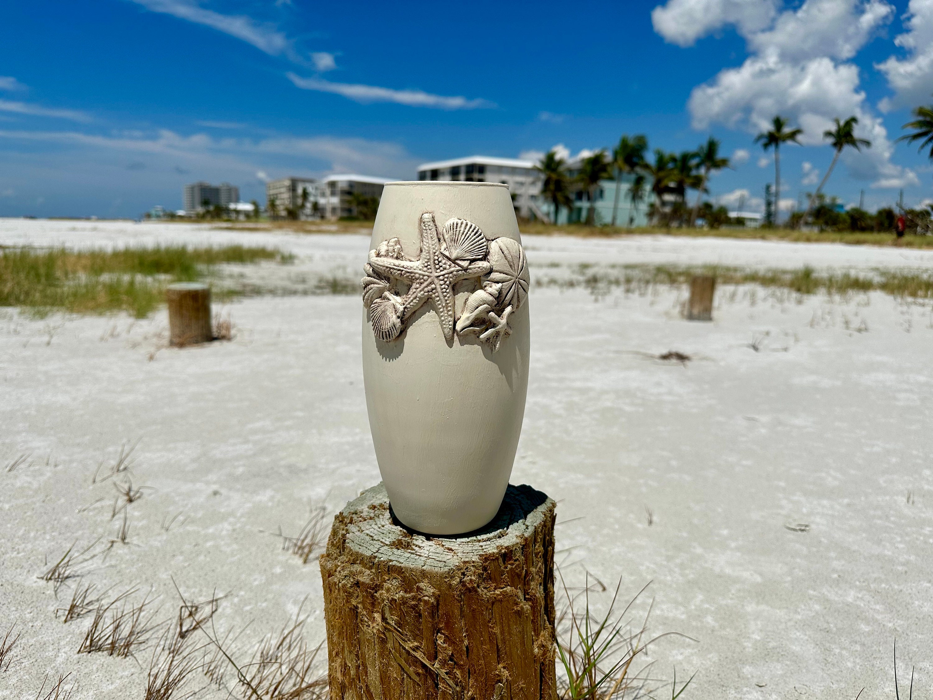 Beachy, Neutral Coastal Vase With Shells - Etsy