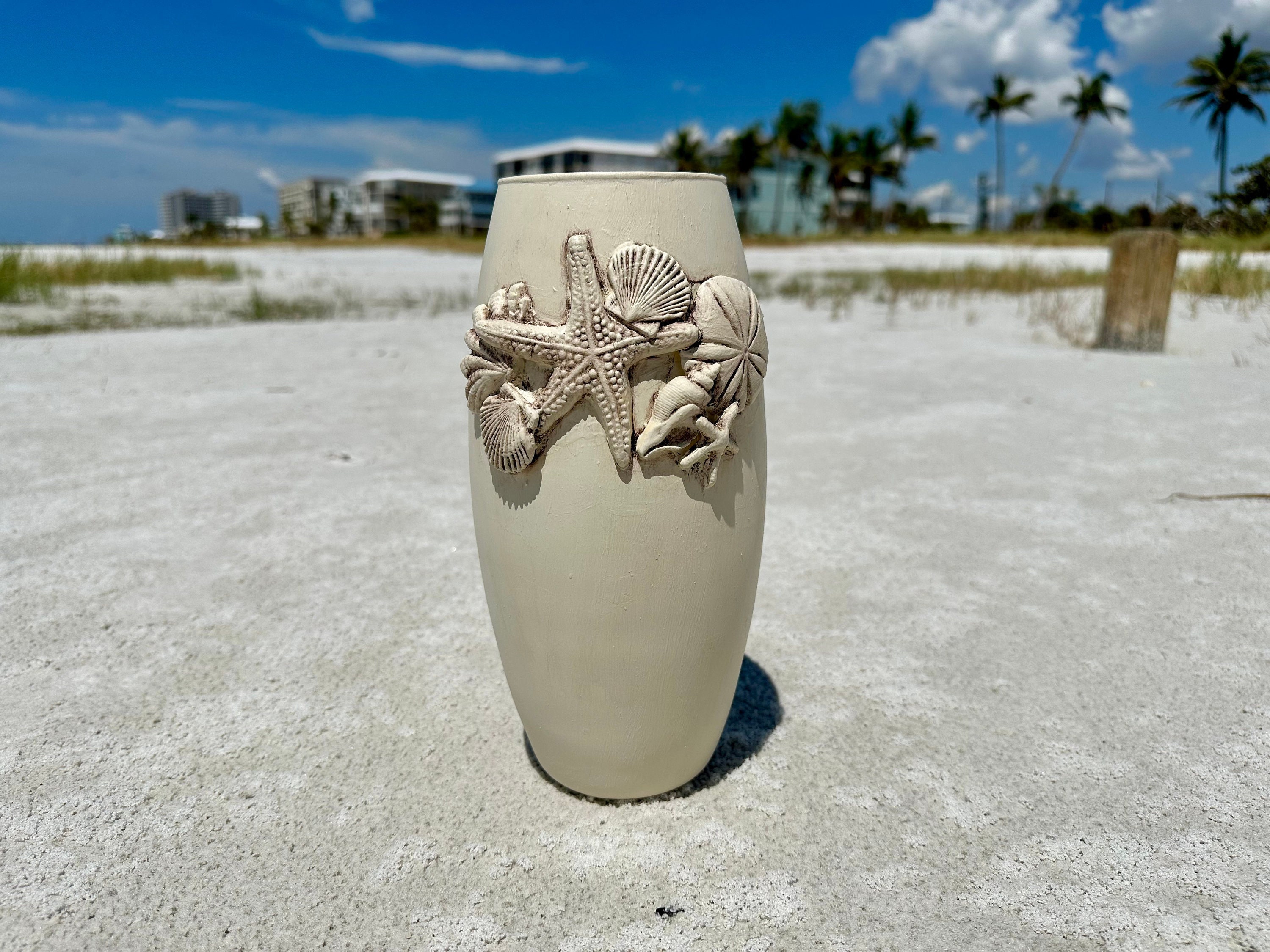 Beachy, Neutral Coastal Vase With Shells - Etsy