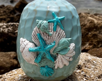 Small Light Teal Coastal Vase with Shell Embellishments