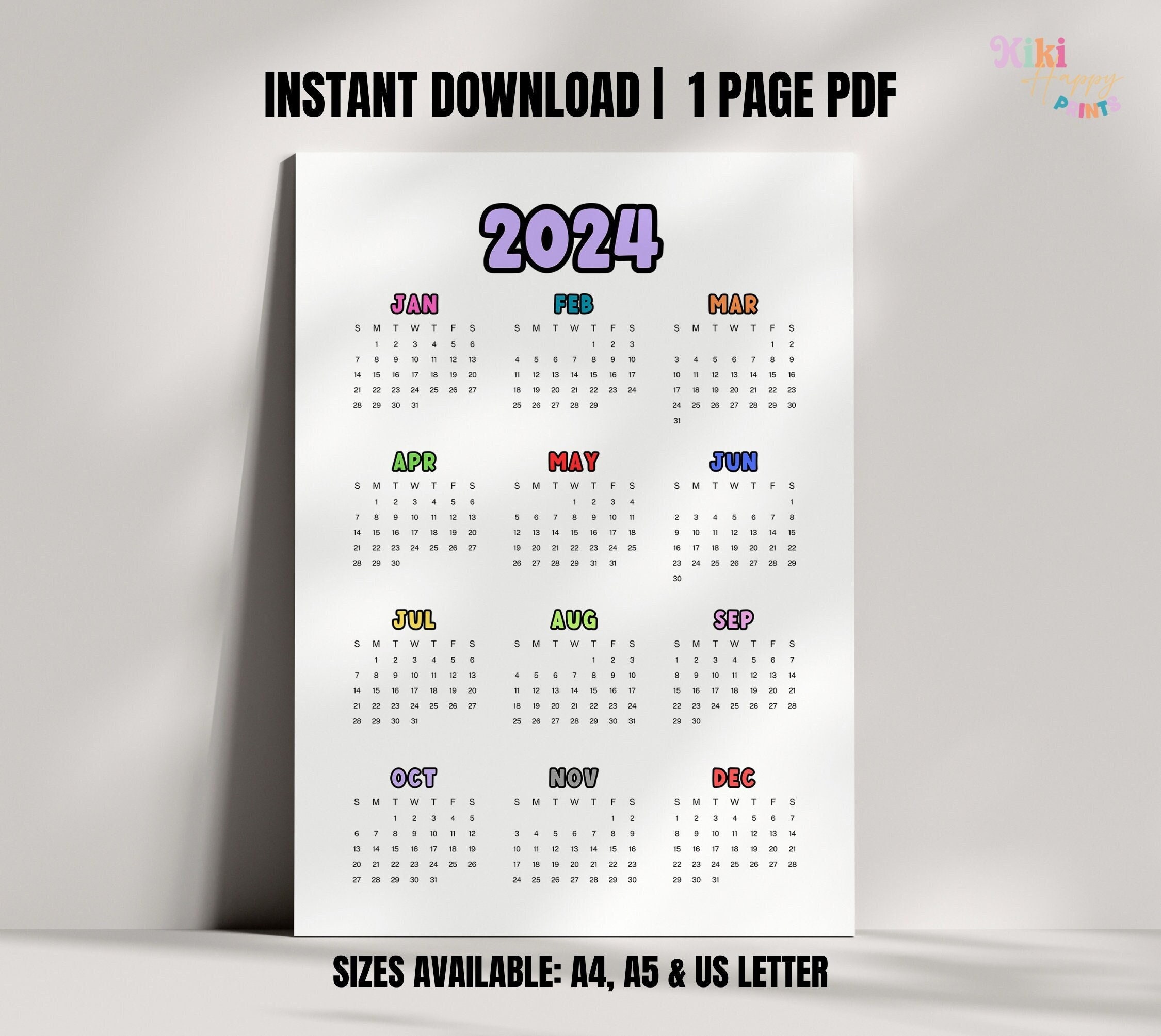 2024 Year Calendar Printable Colourful 2024 Calendar Yearly - Etsy UK