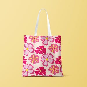 Pink Hippie Flowers Tote Bag, Floral Tote, Boho Bag, Spring Tote, Beach Bag, Grocery Bag, Flower Power Bag, Hippie Chic Tote, Flower Lover