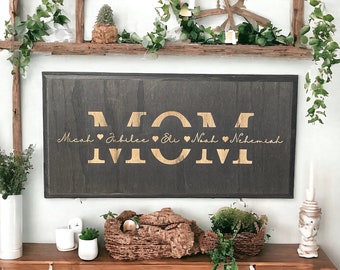 Personalized Wood Mom Sign with Kids Names – Mother's Day Gift