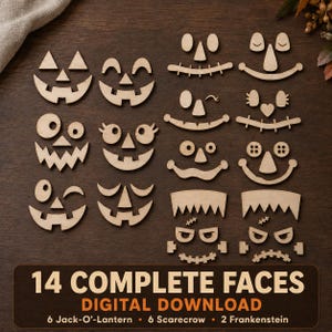 Halloween ansikte SVG-paket, pumpa fågelskrämma Frankenstein laserskuren fil, Jack O'Lantern ansikten, höstpyssel digital nedladdning