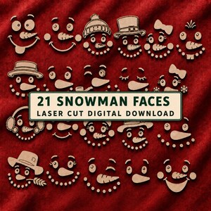 May include: A collection of 21 laser-cut wooden snowman faces featuring various expressions, hats, and accessories. A central rectangular label displays the text 21 SNOWMAN FACES LASER CUT DIGITAL DOWNLOAD in dark green lettering on a light background.