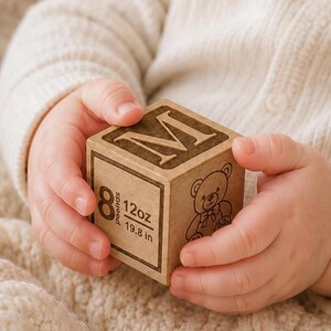 Engraved maple baby block with child’s name, birth date, time, city, state, and Bible verse option