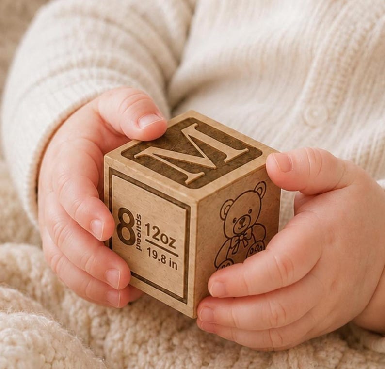 Engraved maple baby block with child’s name, birth date, time, city, state, and Bible verse option