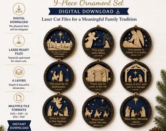 May include: A 9-piece digital download ornament set titled The Christmas Story, featuring laser-cut wooden circular designs with dark frames and blue backgrounds. Each ornament depicts a scene from the nativity with text and scripture references.