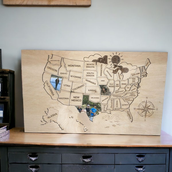 USA Map Laser Cut File, Travel Map Laser File, USA Sales Map with compass.