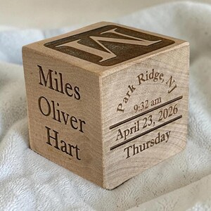 Personalized newborn gift with custom wooden baby stats block for nursery shelf decor or keepsake display