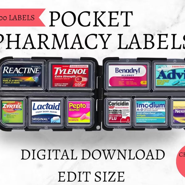 Pocket Pharmacy Labels, Printable Pill Box Labels, Travel Pill Organizer, Medicine Label, Digital Download, 500+ Labels, Medication Label