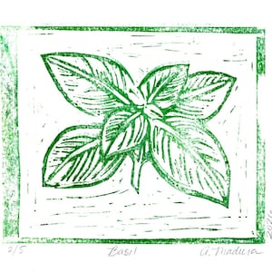 May include: A green and white linocut print of basil leaves. The image features a detailed depiction of basil leaves in a square format, with the word "Basil" and the artist's signature at the bottom. The print is numbered 2/5 and dated 2020.