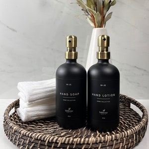 Set of two Black Glass Dispensers with waterproof label | Dish Soap| Hand Soap | Hand Lotion  | Metal Pumps | Gift | Bathroom | Kitchen