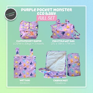 バンドルディール - Eeveelution ベビー布おむつ、パープル Eevee 布おむつ、おむつ替えマット、ベビーギフト用ポッドウェットバッグ、エコベビーアクセサリー