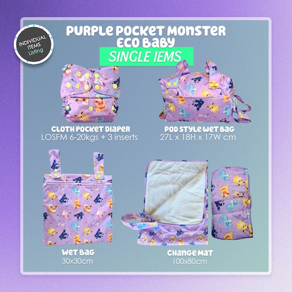 Eeveelution Baby Cloth Diaper, Purple Eevee cloth nappy, change mat, pod wet bag for baby gift, eco baby accessories - SINGLE ITEMS