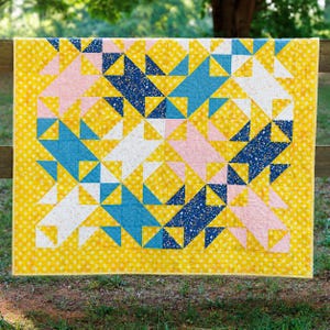 Handmade Cotton Throw Quilt, Modern Geometric Patchwork Quilt, Yellow Blue and Pink Quilted Blanket, 56 x 56 Inches