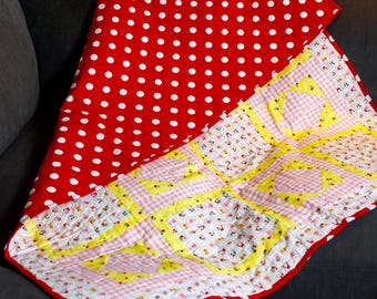 Handmade Country Farm Theme Quilt | Red, Pink, and Yellow